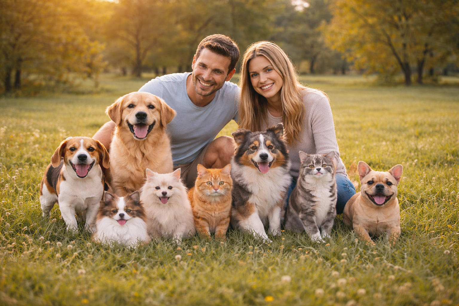 Joyful pets and their companions sharing happy moments in a meadow